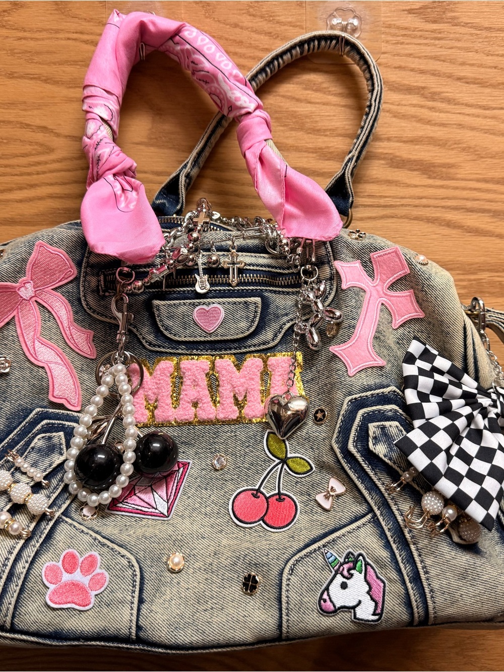 Y2K Denim Statement Bag - Pink Accents